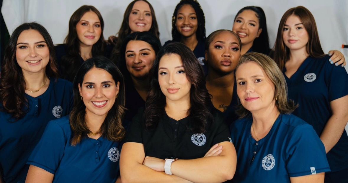 Esthetician Lina Alzate at Aeshtetics School with Team Behind Wearing FAMA uniform